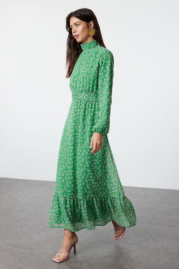Trendyol Trendyol Green Floral High Collar Waist Detailed Lined Chiffon Woven Dress
