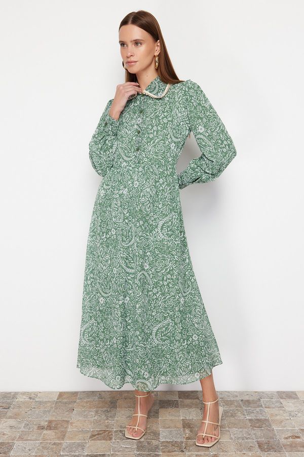 Trendyol Trendyol Green Floral Neck Detailed Lined Chiffon Woven Dress