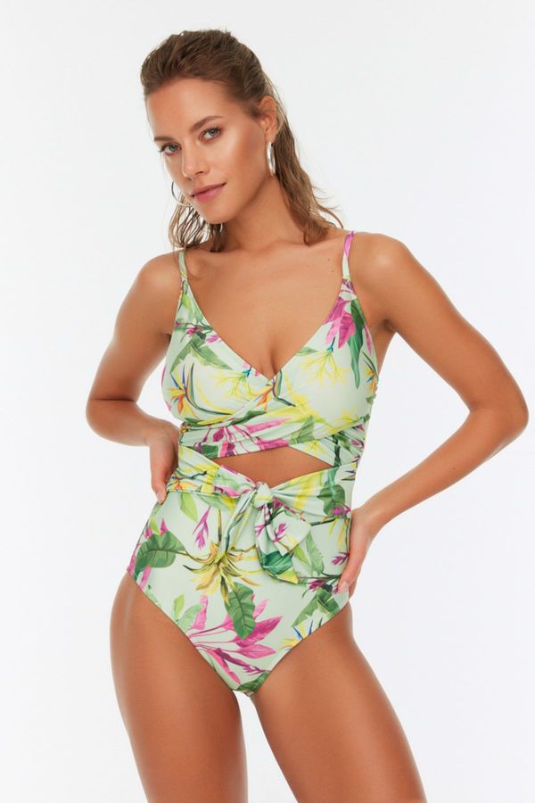 Trendyol Trendyol Green Floral Pattern Belt Detailed Swimsuit