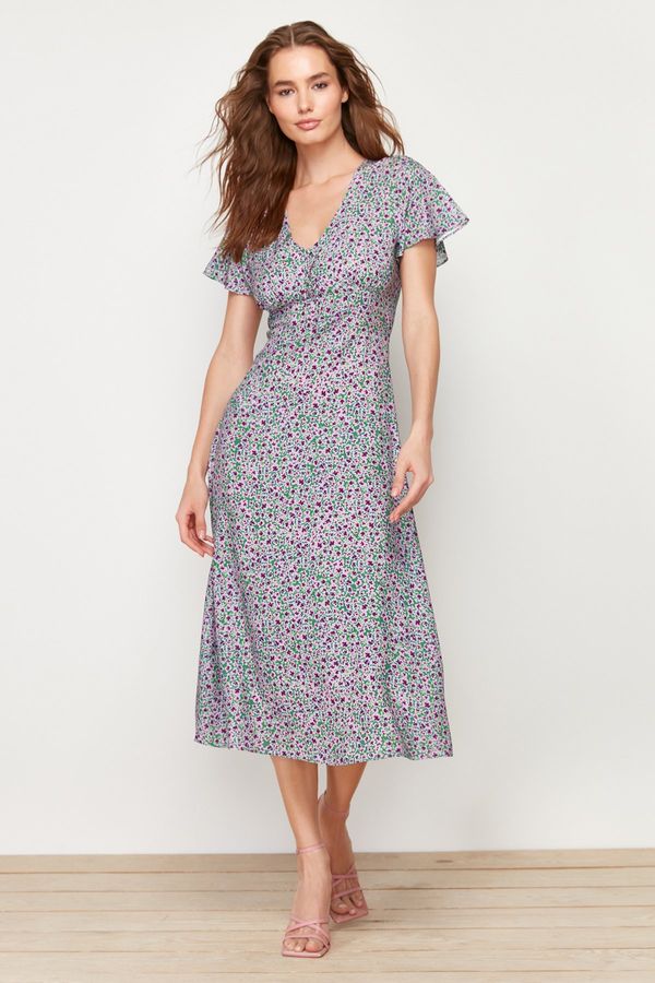 Trendyol Trendyol Green Floral Patterned A-line V-neck 100% Viscose Midi Woven Dress