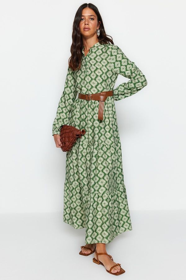 Trendyol Trendyol Green Floral Patterned Lined Woven Dress with a Belt and Ruffles