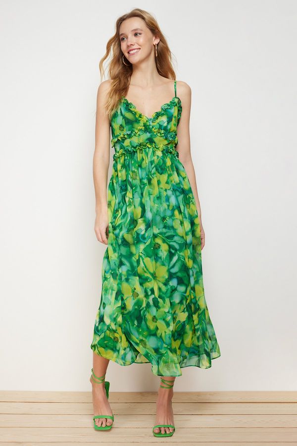 Trendyol Trendyol Green Floral Print A-Cut Ruffle Detailed Lined Chiffon Maxi Woven Dress