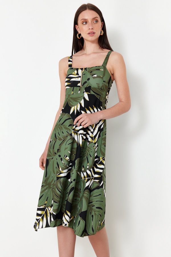 Trendyol Trendyol Green Floral Printed Strap Zip A-line/Bell Opening Midi Knitted Dress