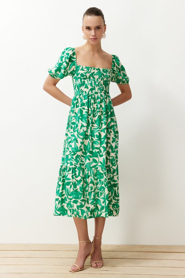 Trendyol Trendyol Green Floral Skater Gown Neck Detailed Shally Midi Woven Dress