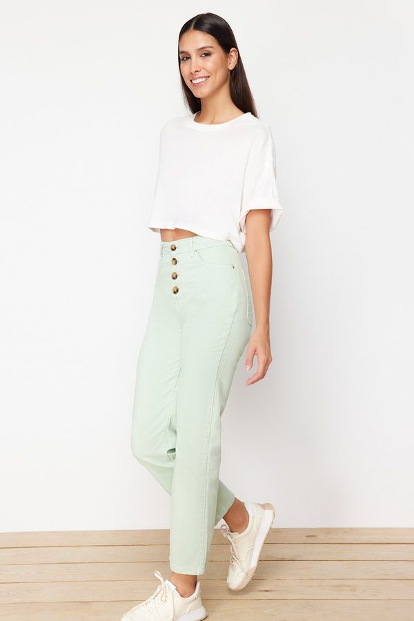 Trendyol Trendyol Green Front Buttoned High Waist Straight Jeans
