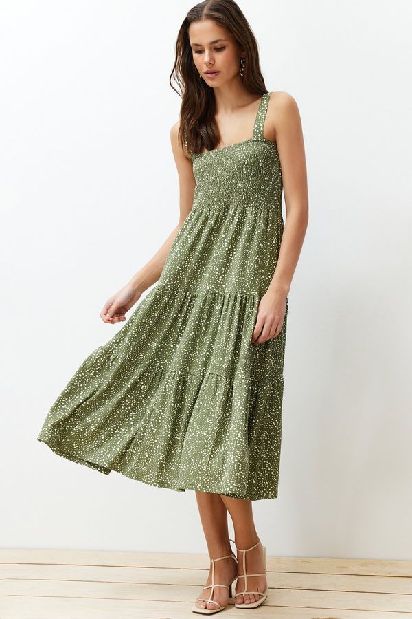 Trendyol Trendyol Green Gimped Printed Skater/Waist Open Elastic Knitted Midi Dress