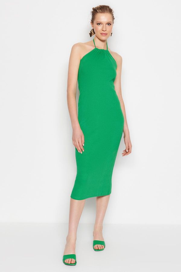 Trendyol Trendyol Green Halterneck Fitted Ripple Flexible Midi Knit Dress