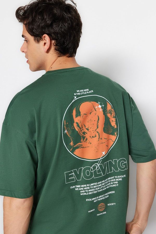 Trendyol Trendyol Green Men's Oversize/Wide Cut Crew Neck Short Sleeve Text Printed 100% Cotton T-Shirt.