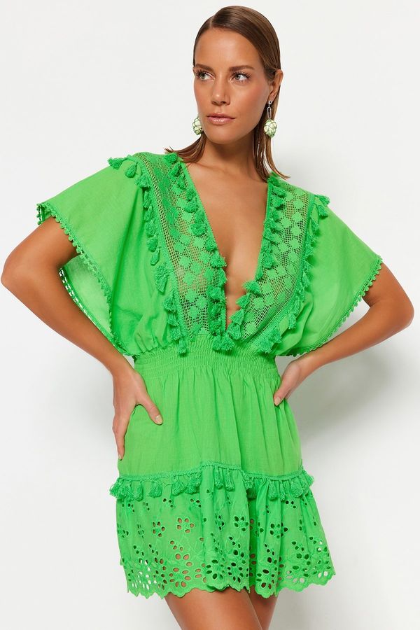 Trendyol Trendyol Green Mini Woven Embroidery 100% Cotton Beach Dress