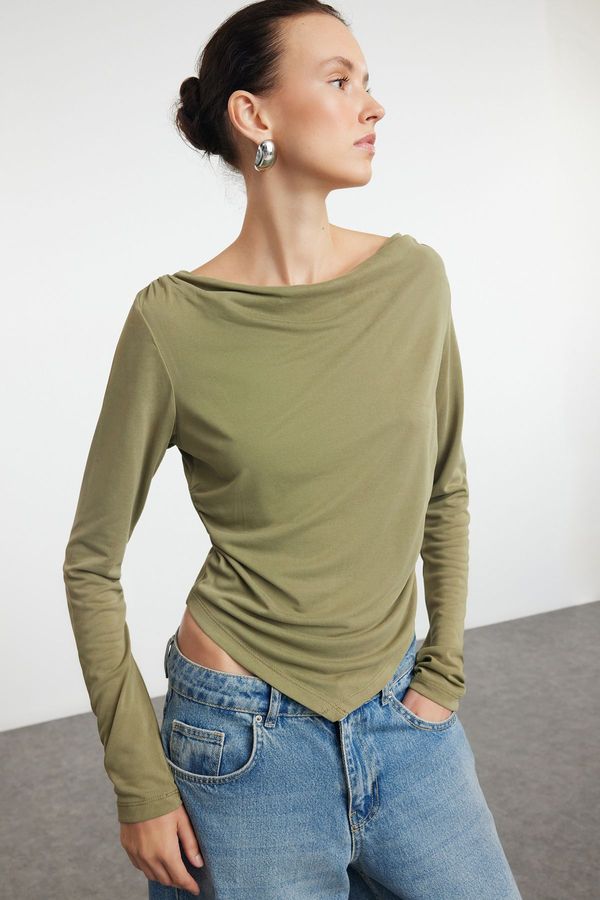 Trendyol Trendyol Green Modal Fabric Lace Collar Draped Padded Asymmetrical Knitted Blouse