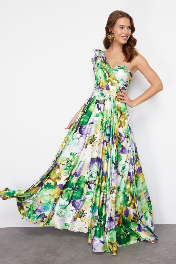 Trendyol Trendyol Green-Multicolored Floral Single Sleeve Long Evening Dress