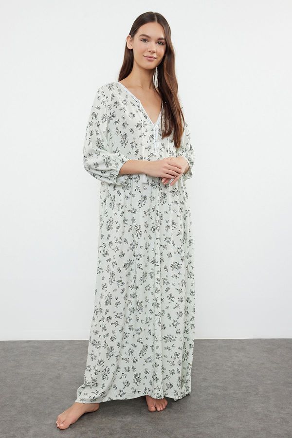 Trendyol Trendyol Green-Multicolored Floral Tie Detailed Viscose Woven Nightgown