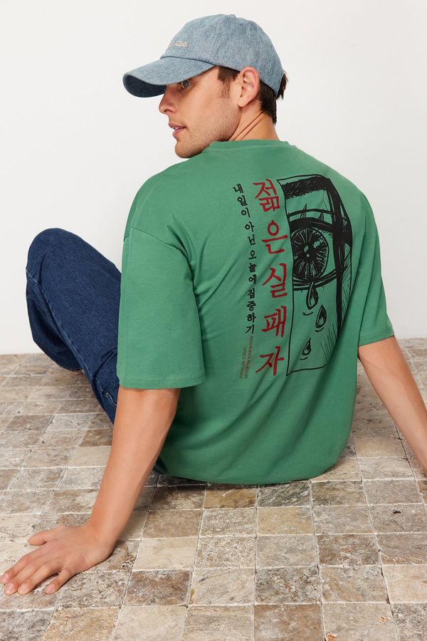 Trendyol Trendyol Green Oversize 100% Cotton Anime Printed T-Shirt