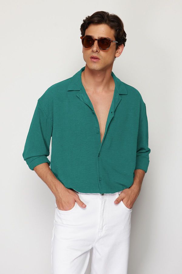 Trendyol Trendyol Green Oversize Fit Open Collar Summer Linen Look Shirt