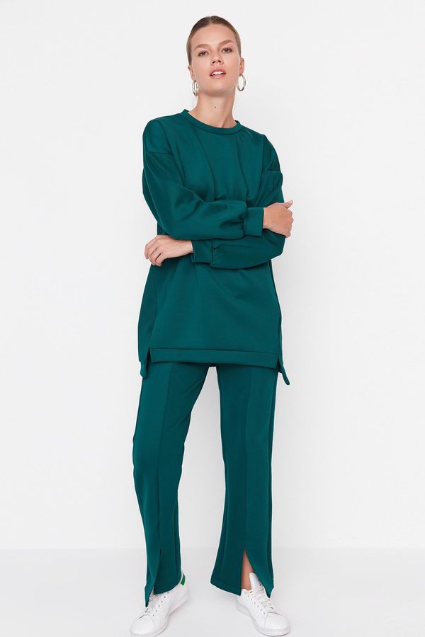 Trendyol Trendyol Green Oversize Slit Detailed Scuba Tunic-Pants Knitted Bottom-Top Set