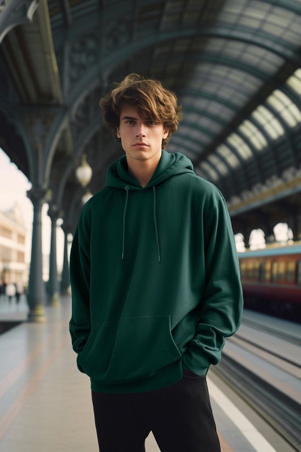 Trendyol Trendyol Green Oversize/Wide Cut Basic Hooded Sweatshirt with Fleece Inside