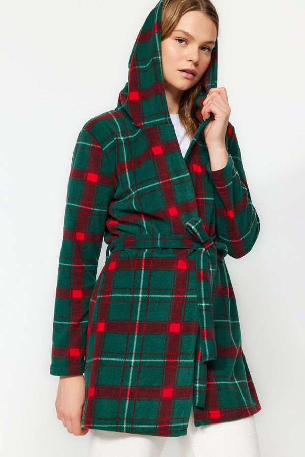 Trendyol Trendyol Green Plaid Patterned Hooded Polar Fleece Winter Knitted Dressing Gown