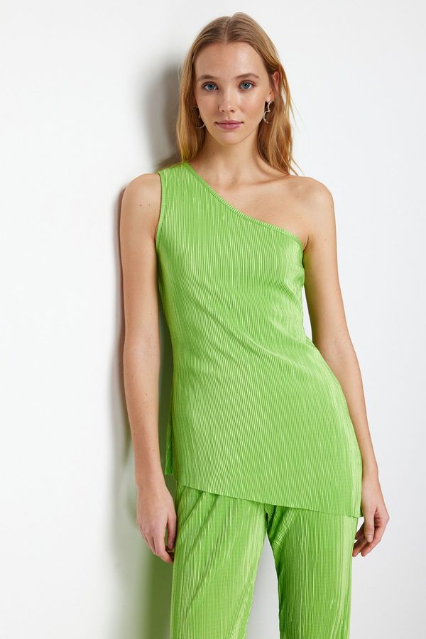 Trendyol Trendyol Green Pleated Asymmetrical Collar Stretchy Knitted Blouse