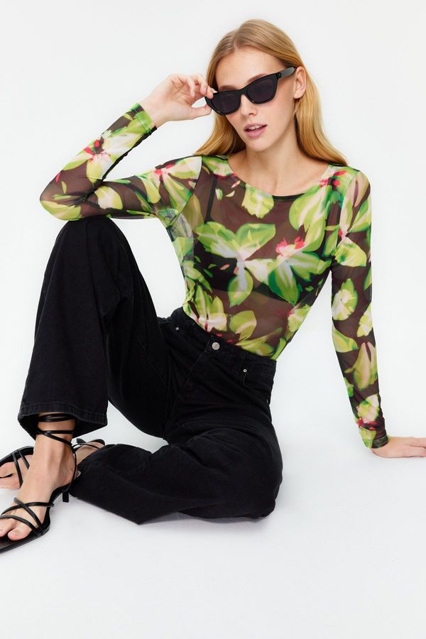 Trendyol Trendyol Green Printed Tulle Snap-On Transparent Knitted Bodysuit
