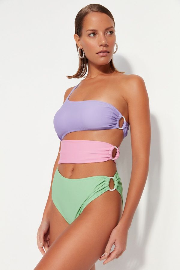 Trendyol Trendyol Green-Purple-Pink One-Shoulder Color Block Regular Leg Swimsuit