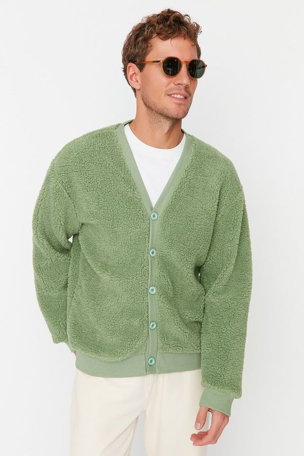 Trendyol Trendyol Green Relaxed Fit/Comfortable Cut V-Neck Buttoned Plush Thick Cardigan