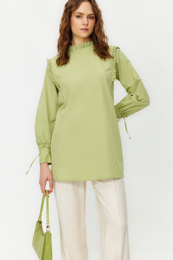 Trendyol Trendyol Green Ruffled Shoulder and Cuff Woven Cotton Tunic