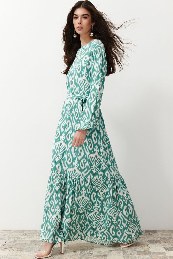 Trendyol Trendyol Green Shawl Patterned Belted Woven Dress