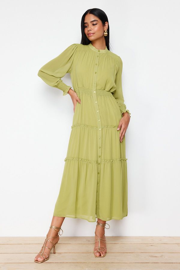 Trendyol Trendyol Green Sleeves and Waist Gipe Detail Lined Chiffon Woven Shirt Dress
