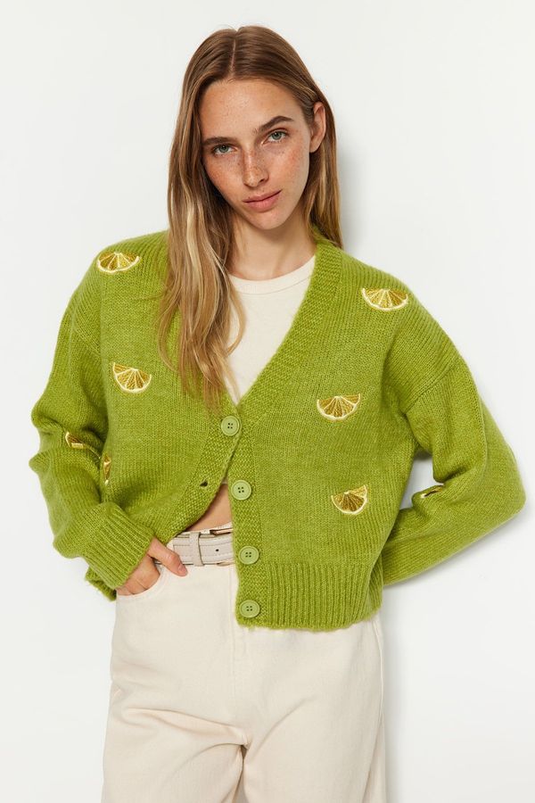 Trendyol Trendyol Green Soft Textured Embroidery Detail V Neck Knitwear Cardigan