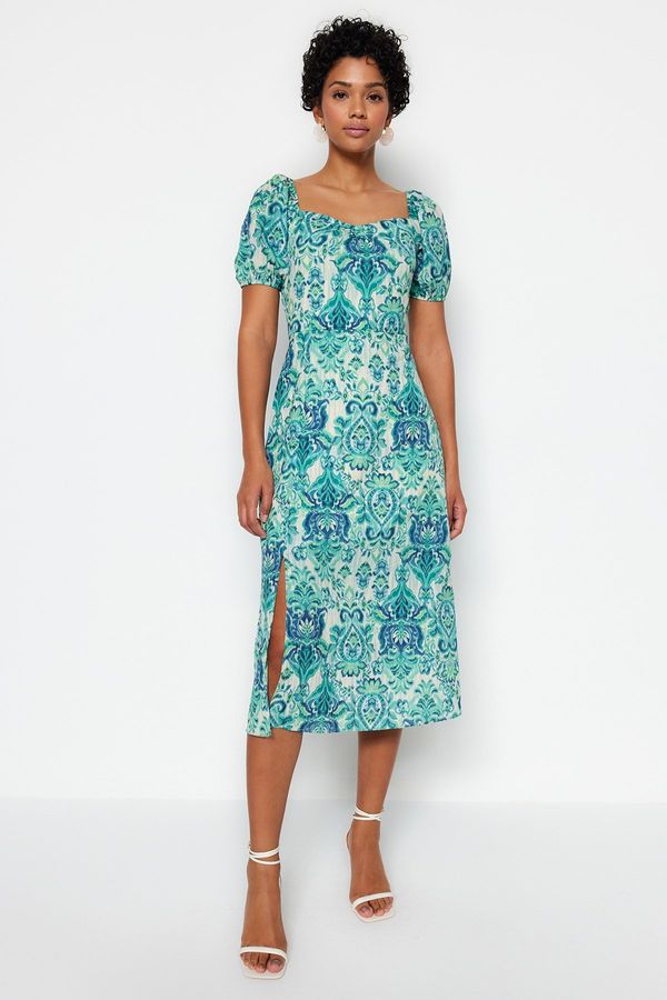 Trendyol Trendyol Green Square Neck Slit Patterned Midi Woven Dress