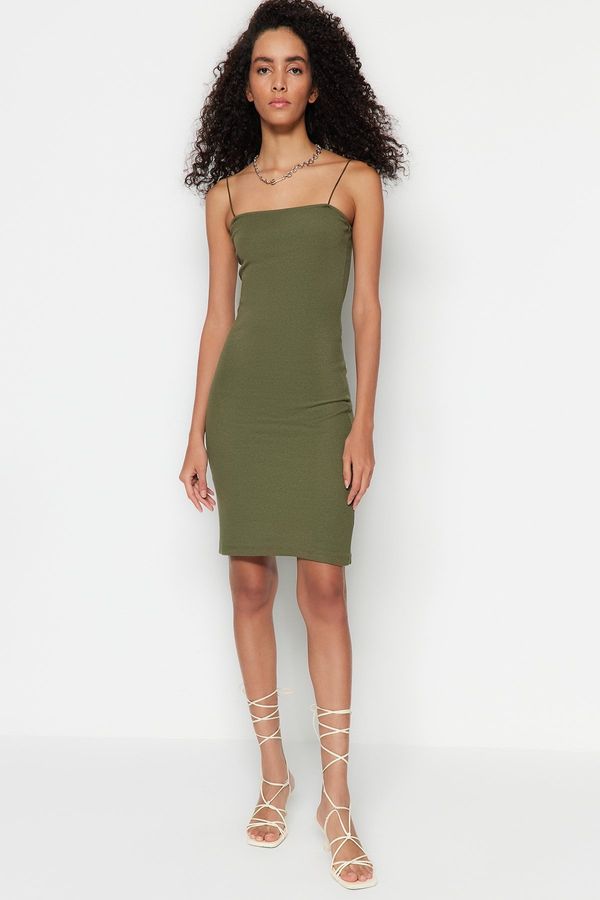Trendyol Trendyol Green Square Neck Spaghetti Straps Ribbed Flexible Fitted Mini Knitted Dress
