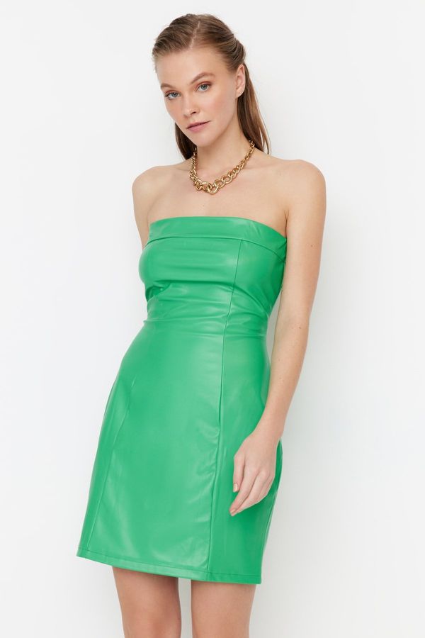 Trendyol Trendyol Green Strapless Faux Leather Evening Dress