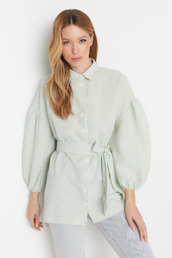 Trendyol Trendyol Green Striped Belted Balloon Behind the Sleeves Long Woven Shirt