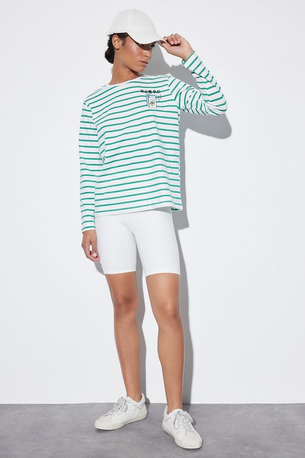 Trendyol Trendyol Green Striped Long Sleeve Knitted Print Detailed T-Shirt