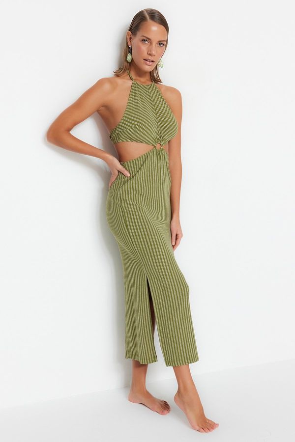 Trendyol Trendyol Green Striped Maxi Knitted Beach Dress with Accessories