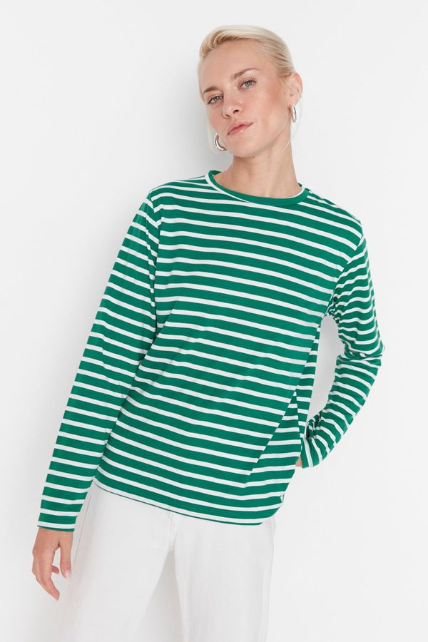 Trendyol Trendyol Green Striped Regular/Regular Fit Basic Crew Neck Knitted T-Shirt