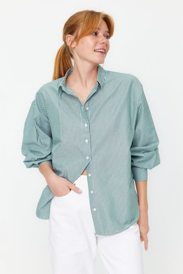 Trendyol Trendyol Green Striped Wide Cut Woven Shirt
