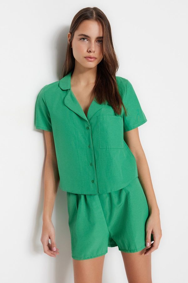 Trendyol Trendyol Green Terrycotton Shirt-Shorts Woven Pajamas Set