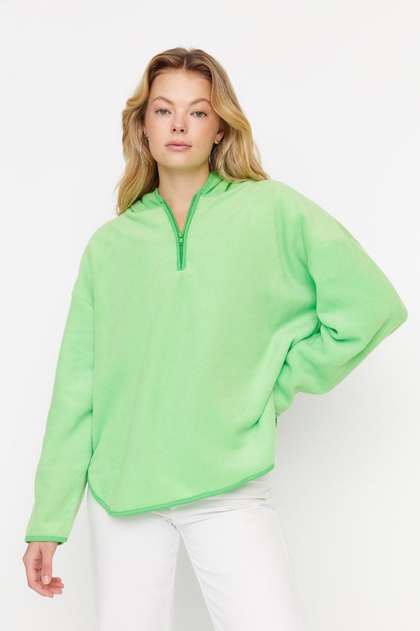 Trendyol Trendyol Green Thick Fleece Hooded and Zippered Oversized/Wide Knit Sweatshirt