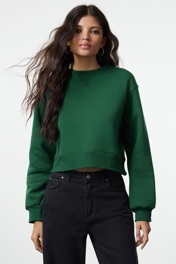 Trendyol Trendyol Green Thick Fleece Relaxed/Wide Fit Crop Basic Knitted Sweatshirt