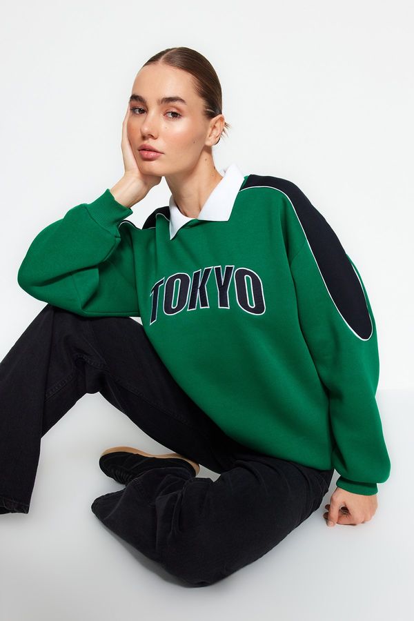Trendyol Trendyol Green Thick Inner Fleece Color Block Polo Collar Regular/Normal Fit Knitted Sweatshirt