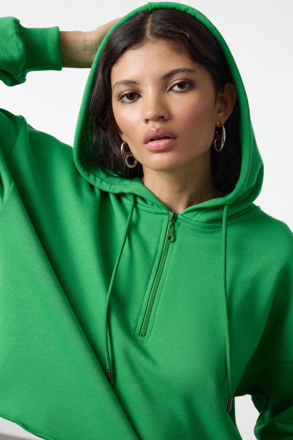 Trendyol Trendyol Green Thick Polar Fleece Hooded Zippered Crop Knit Sweatshirt