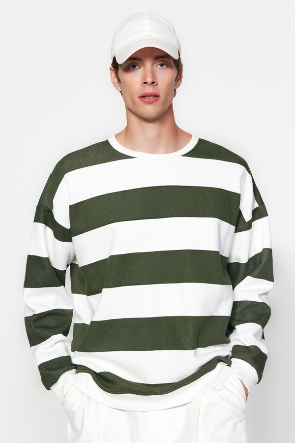 Trendyol Trendyol Green Unisex Oversize/Wide Cut Striped Fleece Inside Cotton Sweatshirt