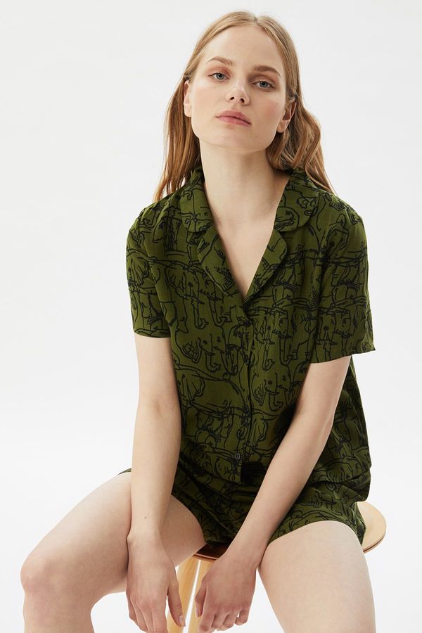 Trendyol Trendyol Green Viscose Animal Patterned Shirt-Shorts Woven Pajamas Set