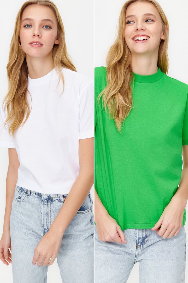 Trendyol Trendyol Green-White 2 Pack Basic Stand Collar Knitted T-Shirt