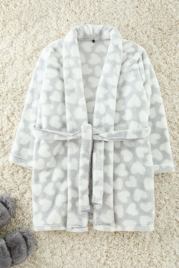 Trendyol Trendyol Grey Belted Heart Wellsoft Winter Knitted Dressing Gown