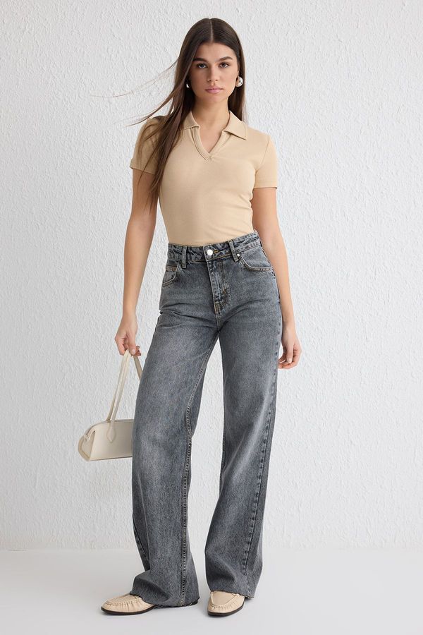Trendyol Trendyol Grey Cut-Out Normal Waist Wide Leg Jeans