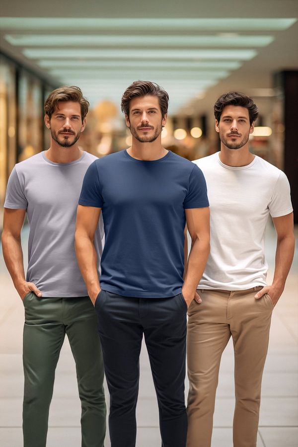 Trendyol Trendyol Grey-Ecru-Indigo Slim/Slim Cut Crew Neck Basic 100% Cotton 3-Pack T-Shirt