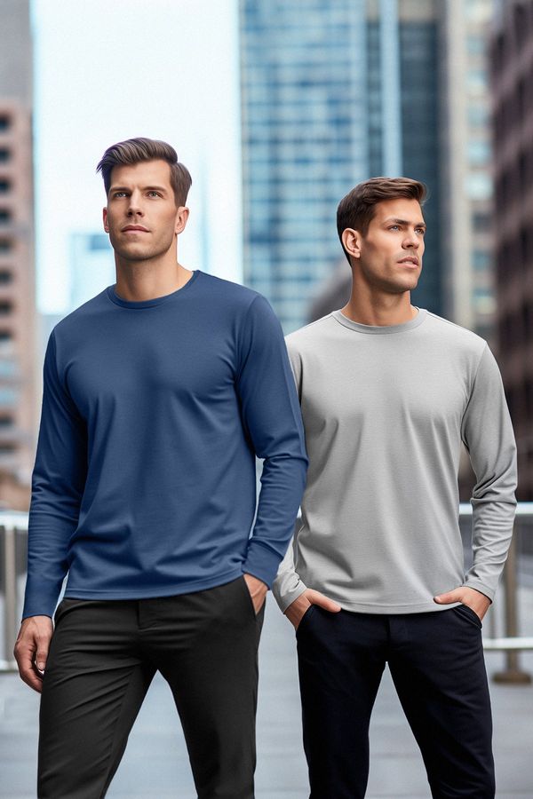 Trendyol Trendyol Grey-Indigo 2 Pack 100% Cotton Long Sleeve Regular Cut Basic T-Shirt