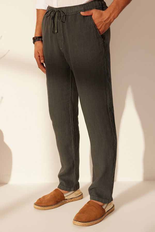 Trendyol Trendyol Grey Limited Edition 100% Linen Straight Fit Elastic Waistband Trousers